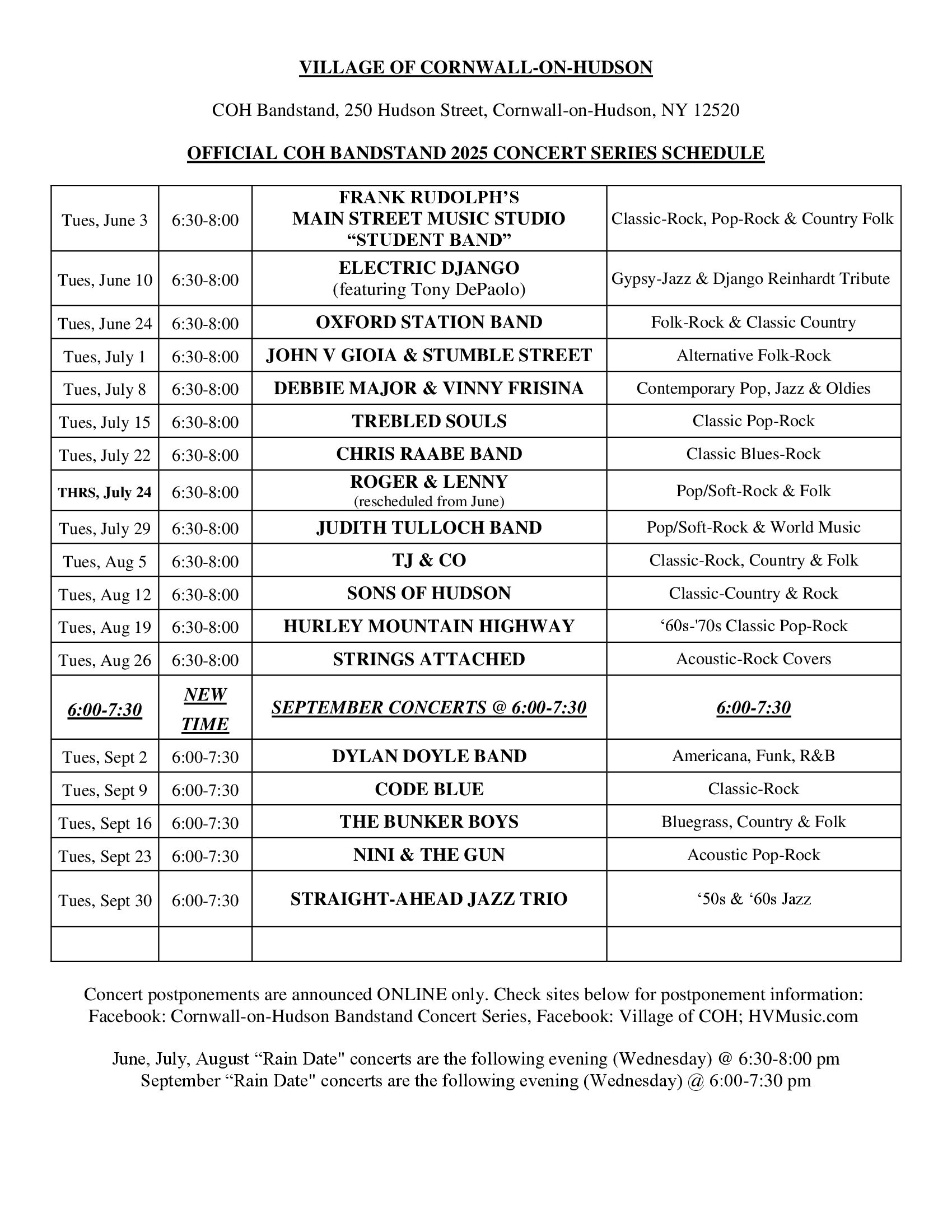 Bandstand Schedule 2025 Bandstand Schedule 2025