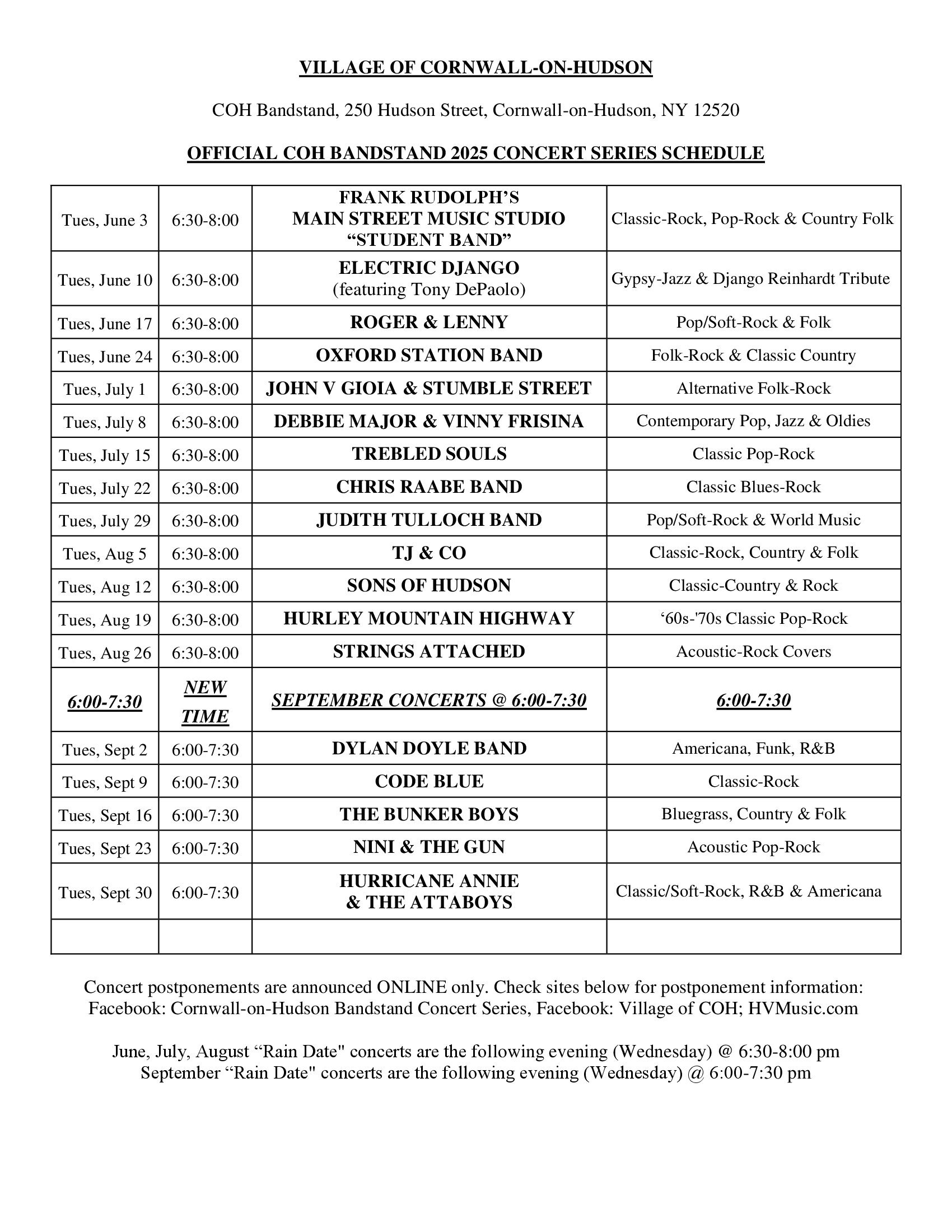 Bandstand Schedule 2025